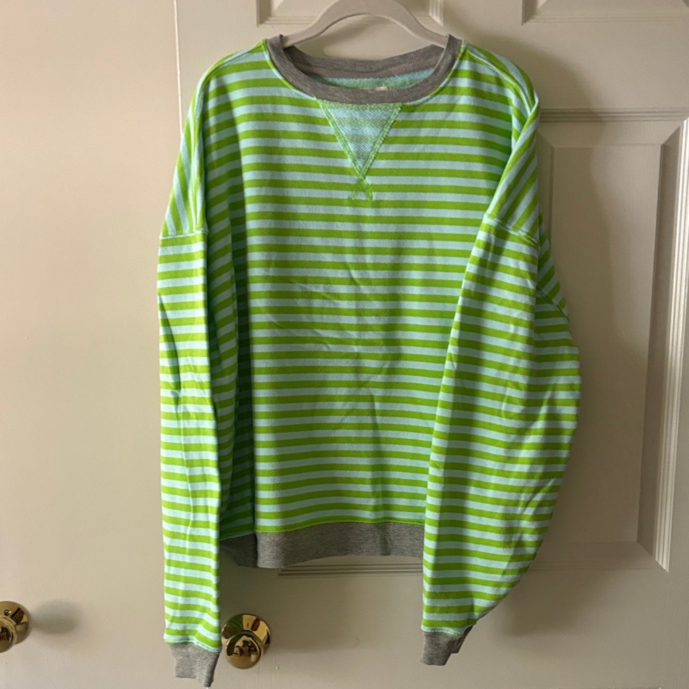 We The Free Lime and White Striped Crewneck Sweater